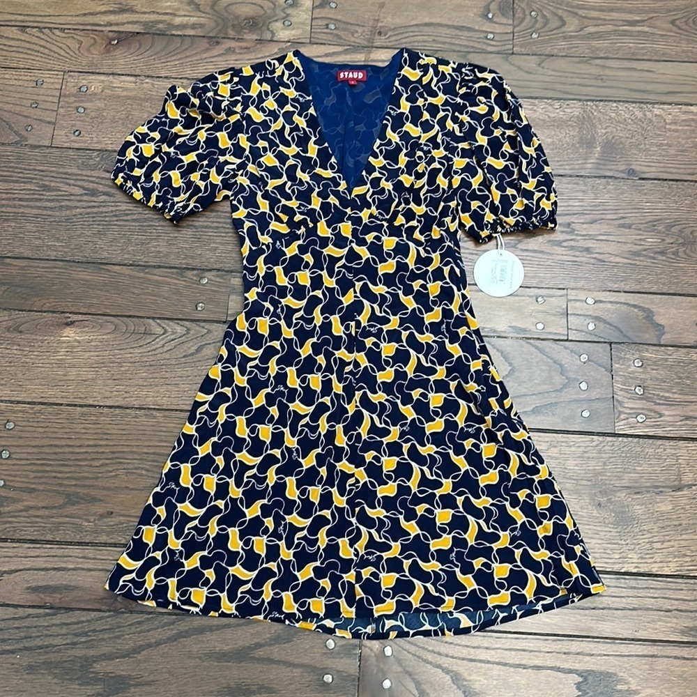 NWT Staud Milla Mini Dress Navy Abstract Wave
